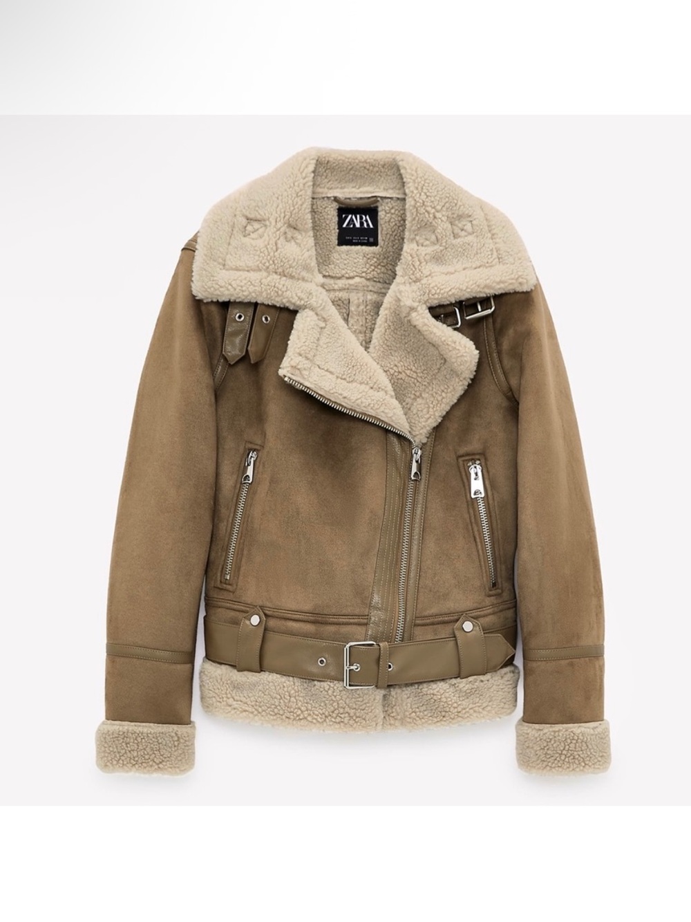 Zara Double Faced Faux Suede Shearling Biker Jacket